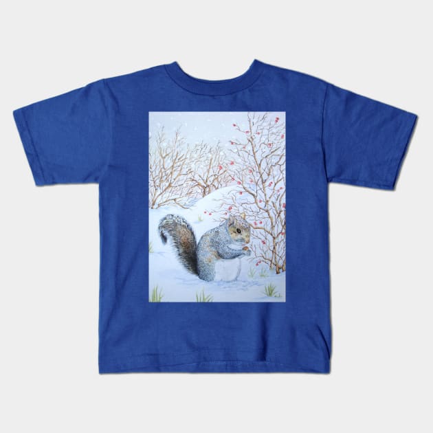 Cute gray squirrel snow scene wildlife Kids T-Shirt by pollywolly